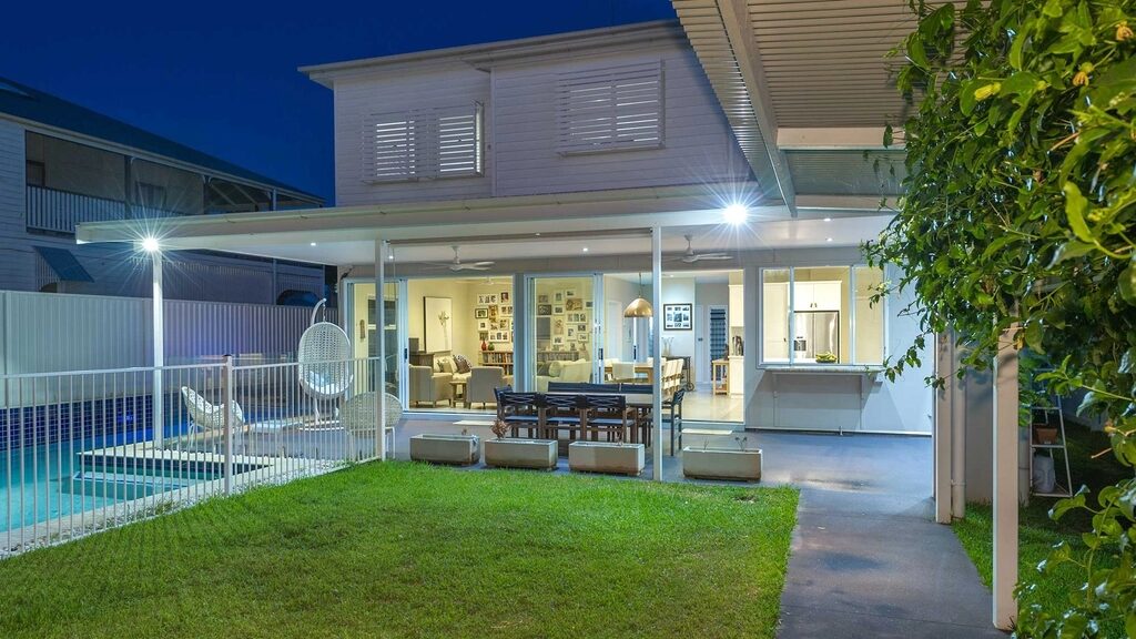 Clean paved terrace and pool deck at dusk