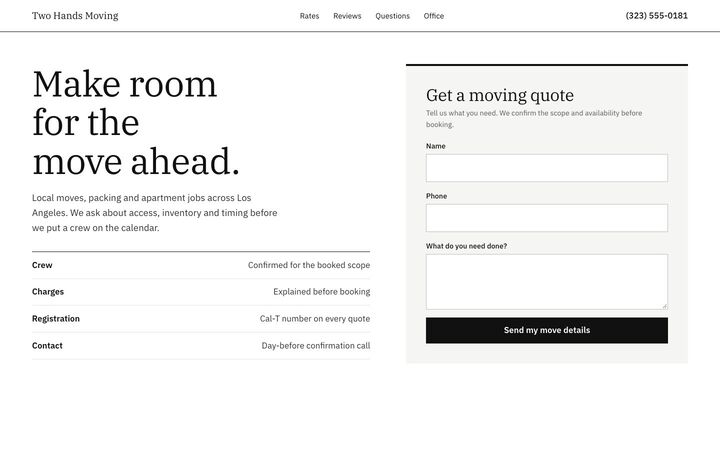 Instant Quote, a moving services website