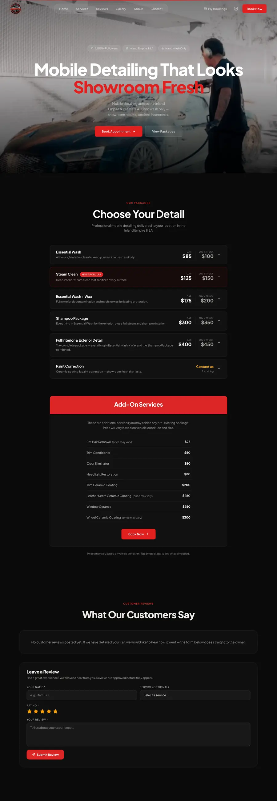 Essential Auto Spa website, full page