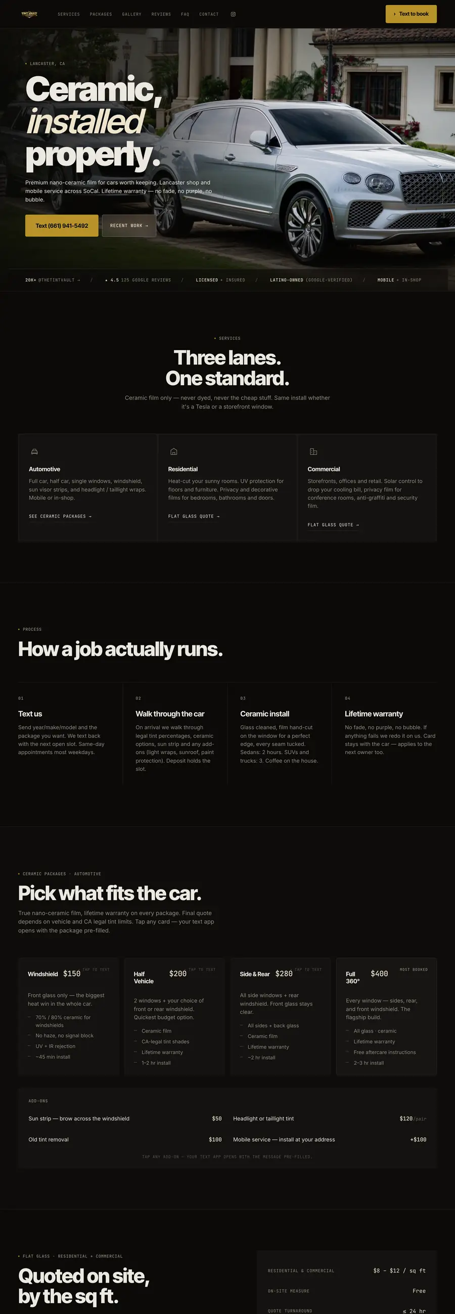 The Tint Vault website, full page
